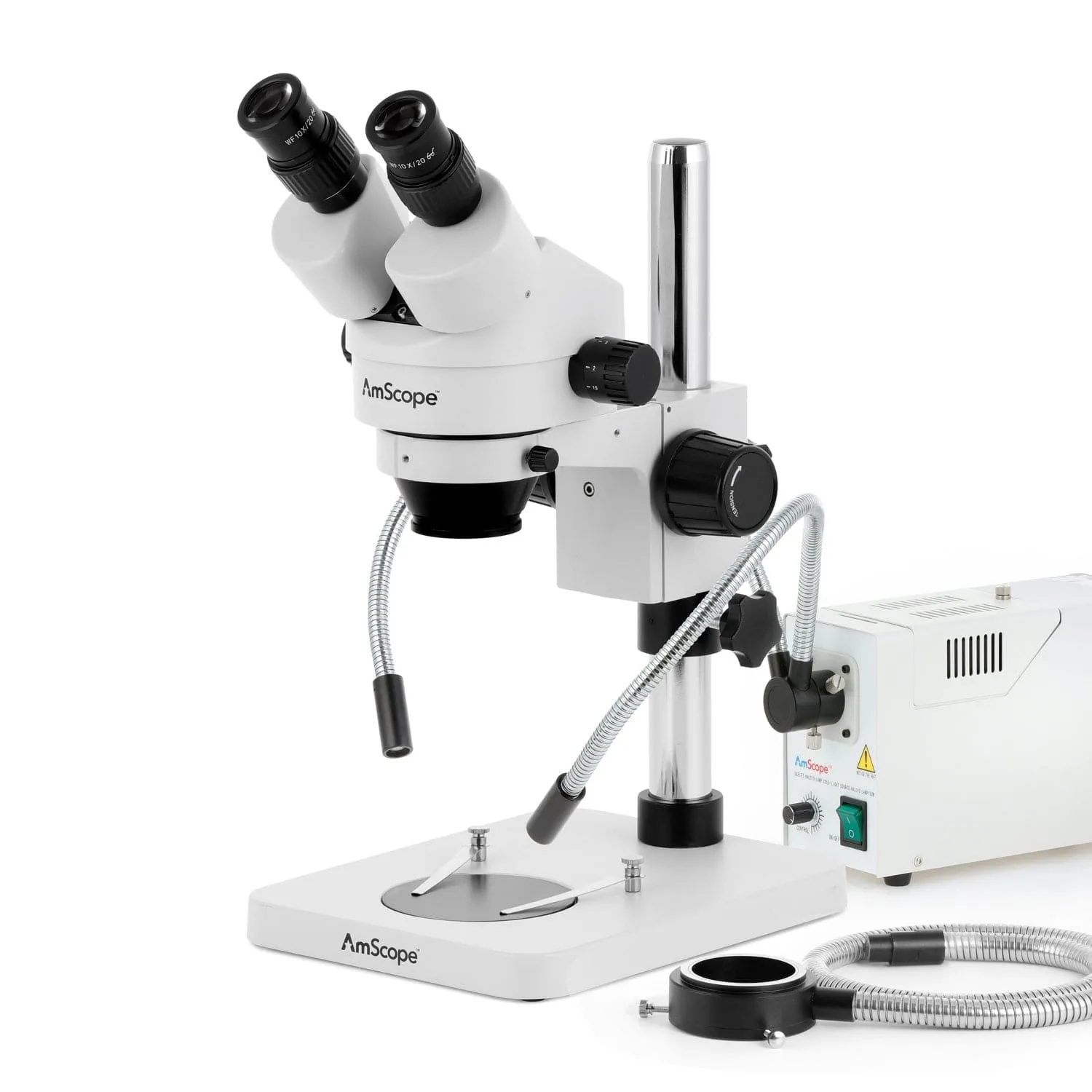 AmScope SM-1 Series Inspection and Dissecting Zoom Binocular Stereo Microscope with 150W Halogen Dual Gooseneck & Ring Lights and Optional Digital Camera on Compact Pillar Stand