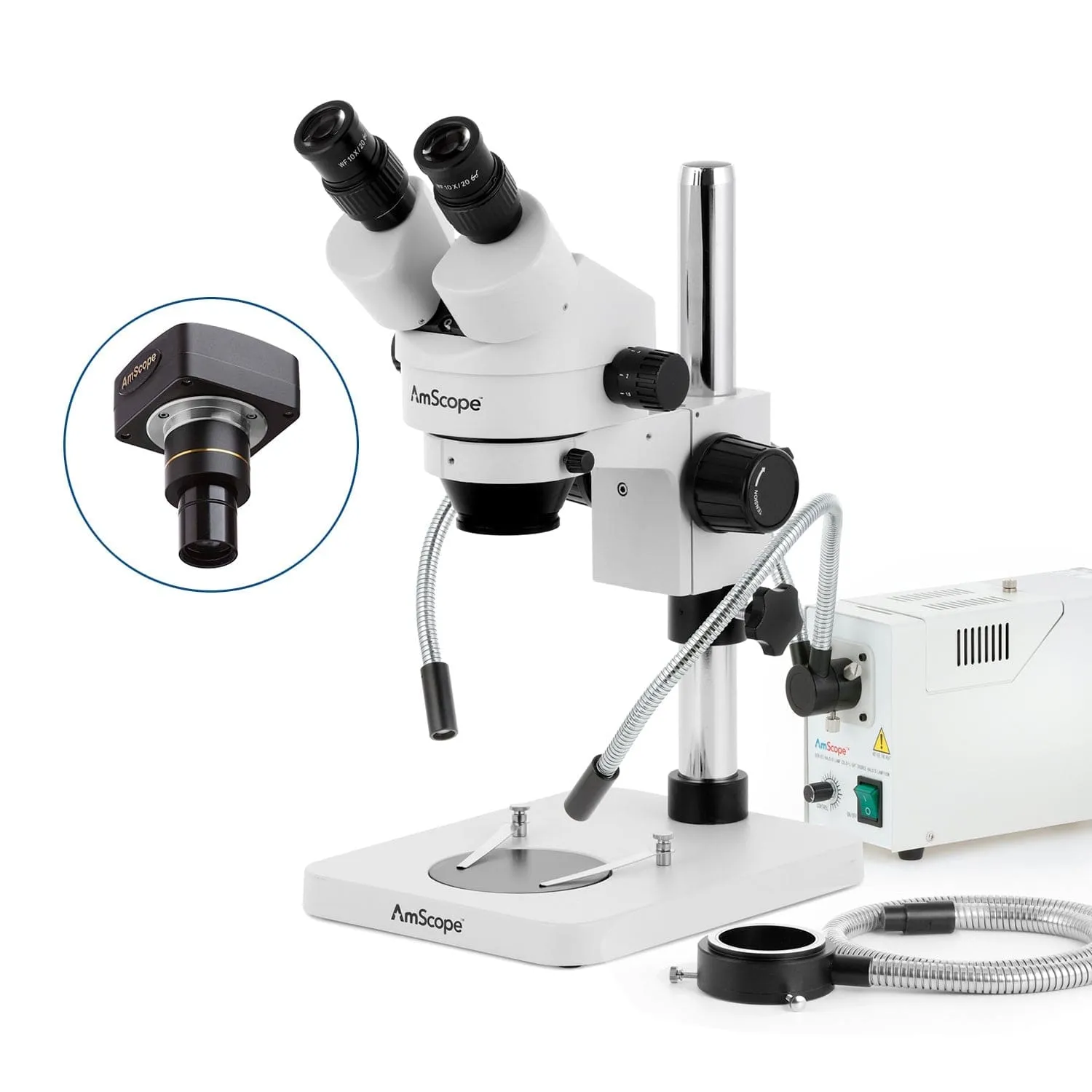 AmScope SM-1 Series Inspection and Dissecting Zoom Binocular Stereo Microscope with 150W Halogen Dual Gooseneck & Ring Lights and Optional Digital Camera on Compact Pillar Stand