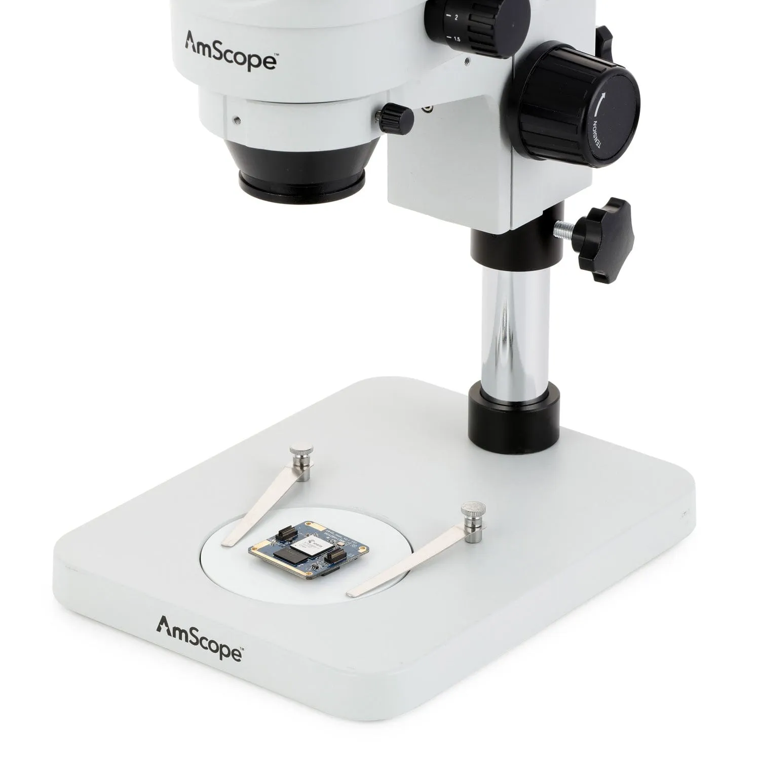 AmScope SM-1 Series Inspection and Dissecting Zoom Binocular Stereo Microscope with 150W Halogen Dual Gooseneck & Ring Lights and Optional Digital Camera on Compact Pillar Stand