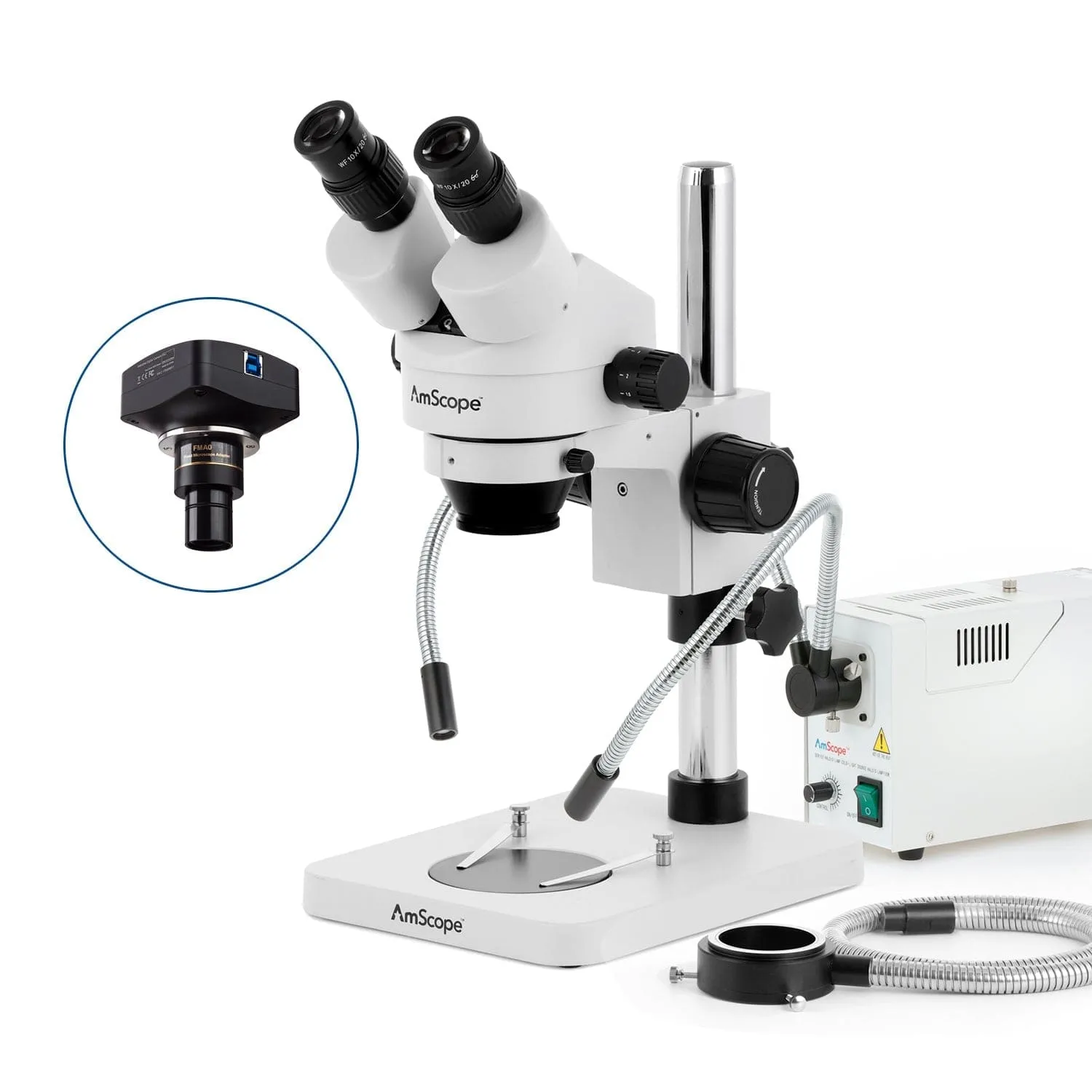 AmScope SM-1 Series Inspection and Dissecting Zoom Binocular Stereo Microscope with 150W Halogen Dual Gooseneck & Ring Lights and Optional Digital Camera on Compact Pillar Stand