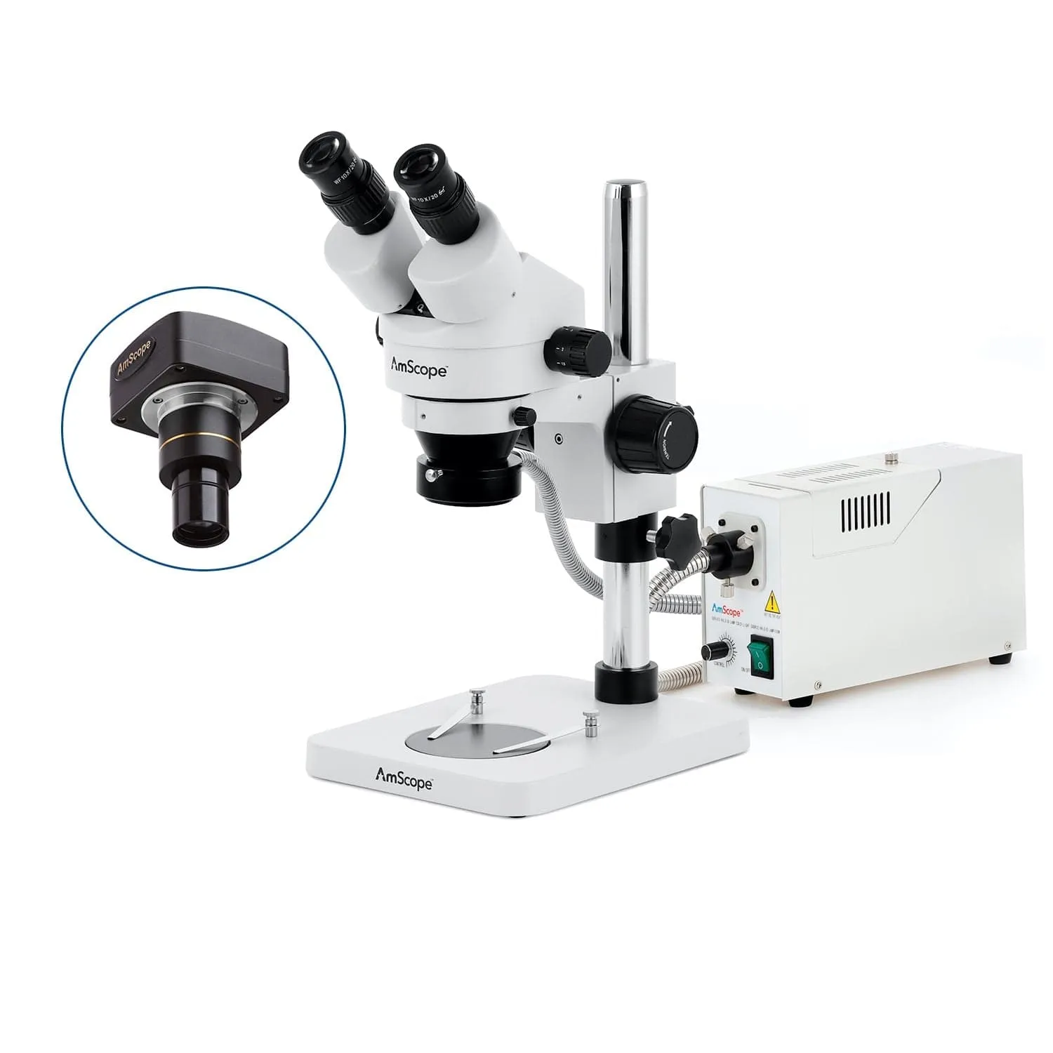 AmScope SM-1 Series Inspection and Dissecting Zoom Binocular Stereo Microscope with 150W Halogen Ring Light and Optional Digital Camera on Compact Pillar Stand