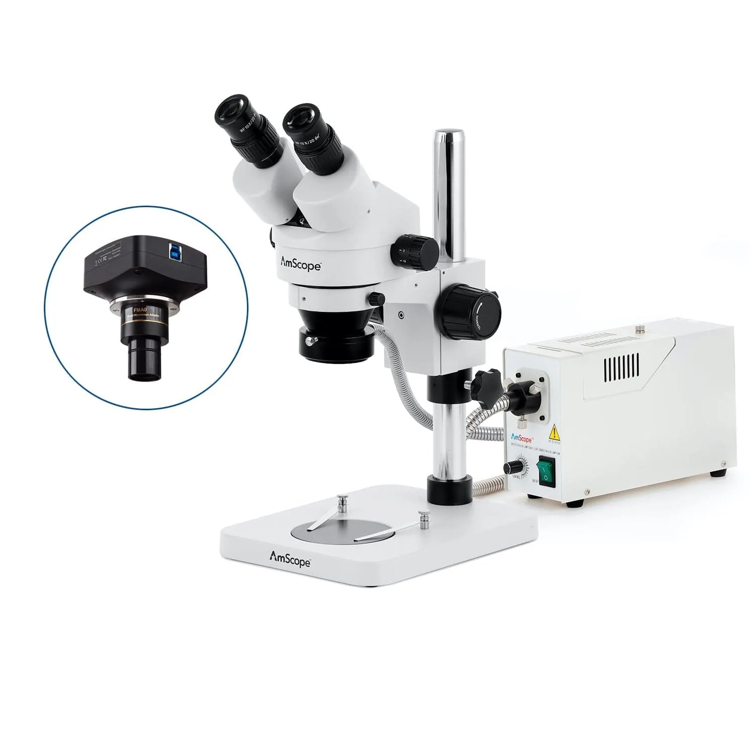 AmScope SM-1 Series Inspection and Dissecting Zoom Binocular Stereo Microscope with 150W Halogen Ring Light and Optional Digital Camera on Compact Pillar Stand