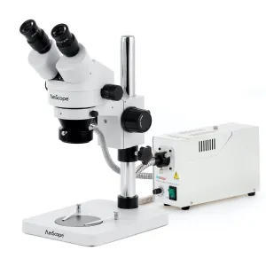 AmScope SM-1 Series Inspection and Dissecting Zoom Binocular Stereo Microscope with 150W Halogen Ring Light and Optional Digital Camera on Compact Pillar Stand