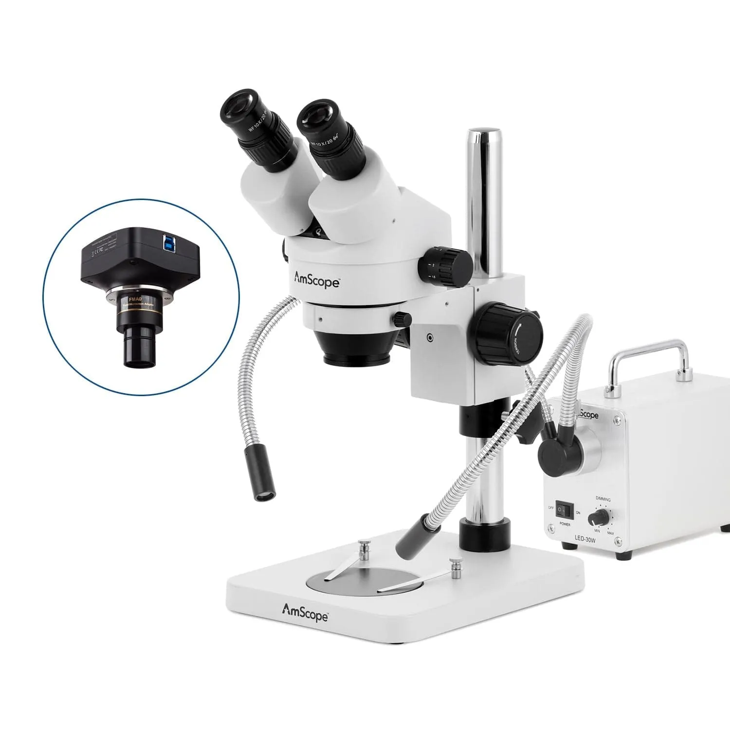 AmScope SM-1 Series Inspection and Dissecting Zoom Binocular Stereo Microscope with 30W LED Dual Gooseneck Fiber Optic Lights and Optional Digital Camera on Compact Pillar Stand