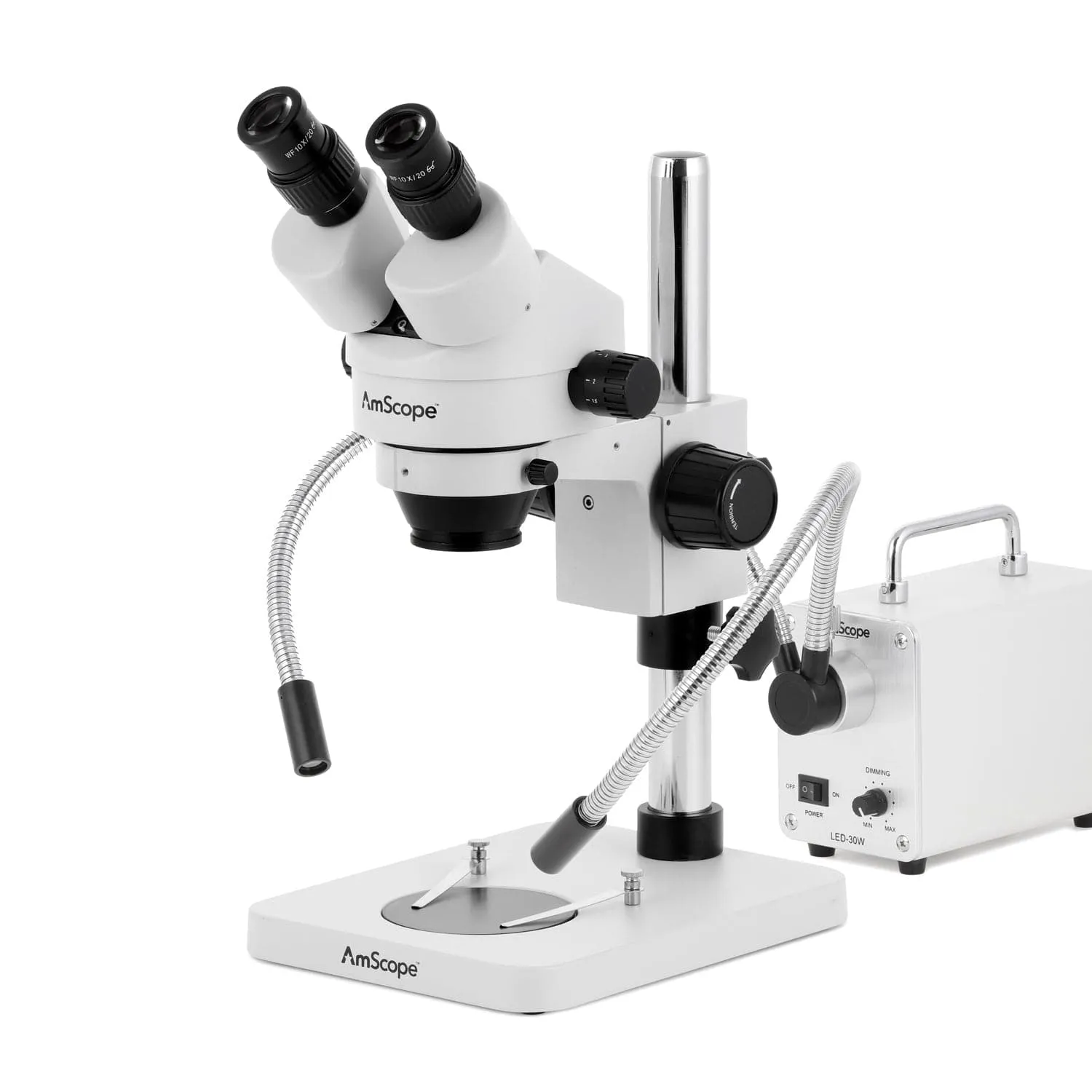 AmScope SM-1 Series Inspection and Dissecting Zoom Binocular Stereo Microscope with 30W LED Dual Gooseneck Fiber Optic Lights and Optional Digital Camera on Compact Pillar Stand