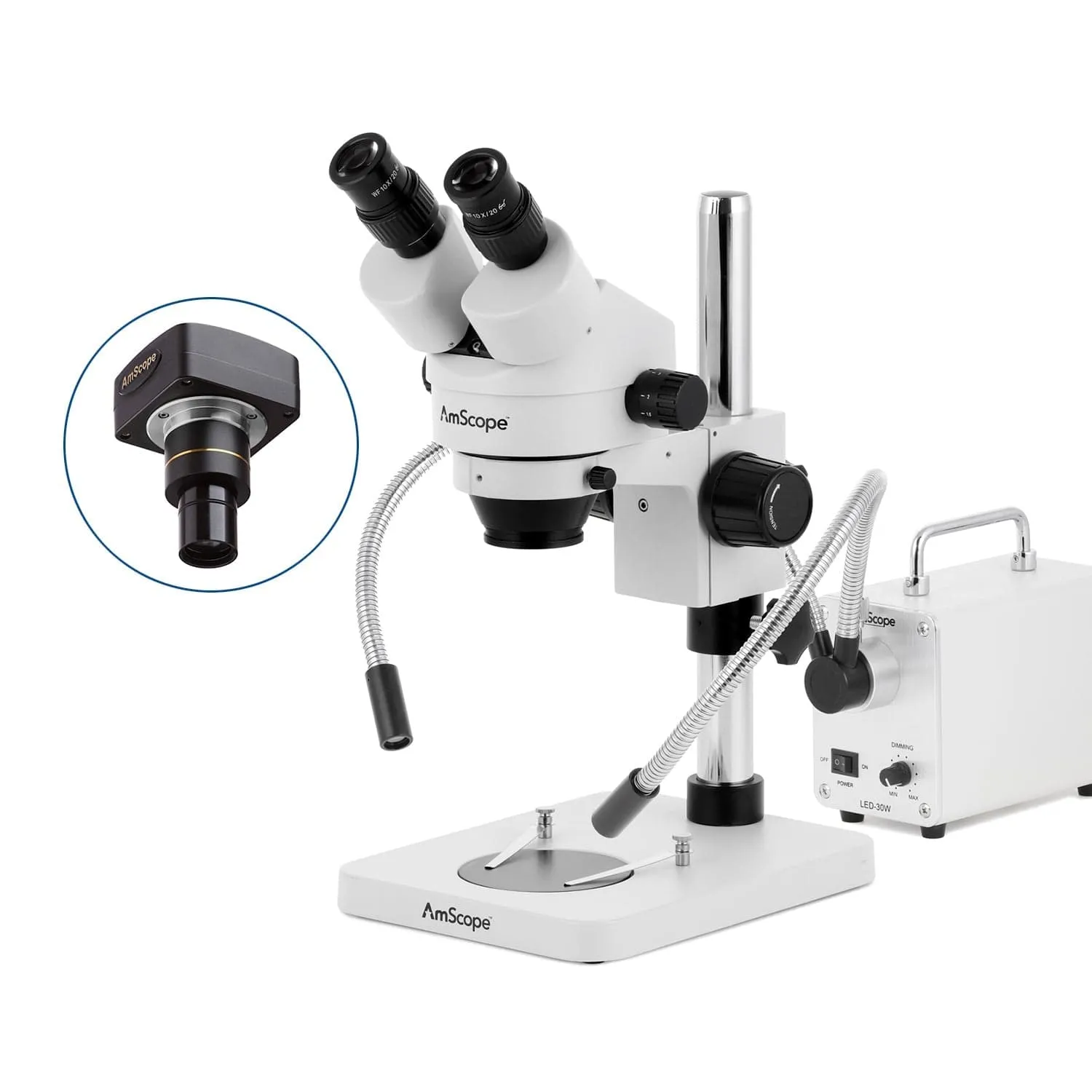 AmScope SM-1 Series Inspection and Dissecting Zoom Binocular Stereo Microscope with 30W LED Dual Gooseneck Fiber Optic Lights and Optional Digital Camera on Compact Pillar Stand