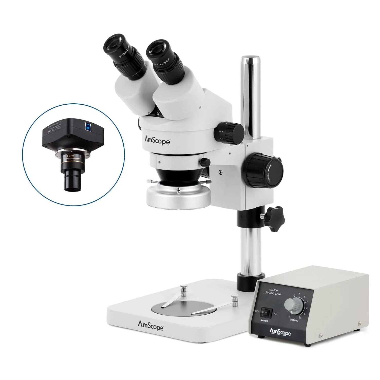 AmScope SM-1 Series Inspection and Dissecting Zoom Binocular Stereo Microscope with Heavy Duty 80 LED Ring Light and Optional Digital Camera on Compact Pillar Stand