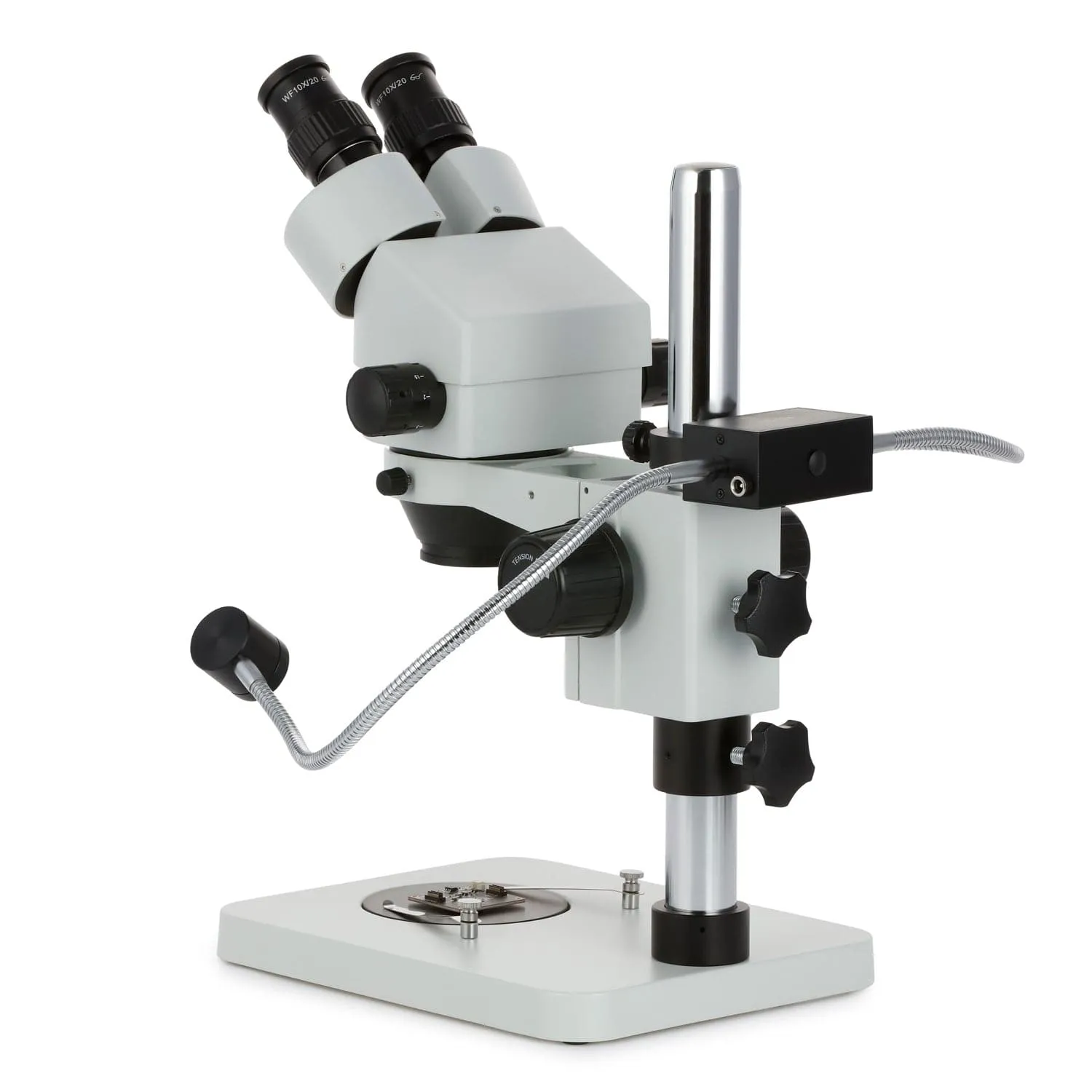 AmScope SM-1B Series Binocular Inspection and Dissecting Zoom Stereo Microscope 7X-45X Magnification w/8W LED Dual Gooseneck Illuminator   Optional Digital Camera on Compact Pillar Stand