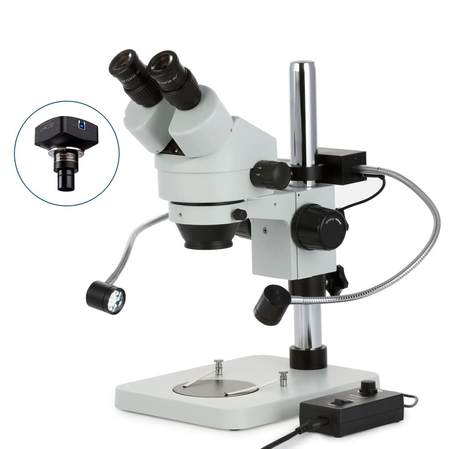 AmScope SM-1B Series Binocular Inspection and Dissecting Zoom Stereo Microscope 7X-45X Magnification w/8W LED Dual Gooseneck Illuminator   Optional Digital Camera on Compact Pillar Stand