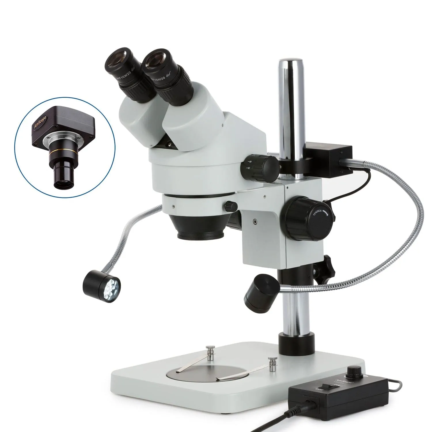 AmScope SM-1B Series Binocular Inspection and Dissecting Zoom Stereo Microscope 7X-45X Magnification w/8W LED Dual Gooseneck Illuminator   Optional Digital Camera on Compact Pillar Stand