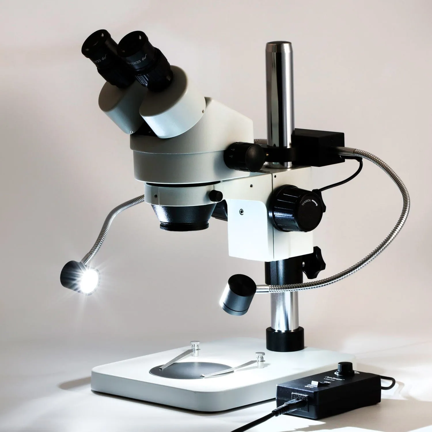 AmScope SM-1B Series Binocular Inspection and Dissecting Zoom Stereo Microscope 7X-45X Magnification w/8W LED Dual Gooseneck Illuminator   Optional Digital Camera on Compact Pillar Stand