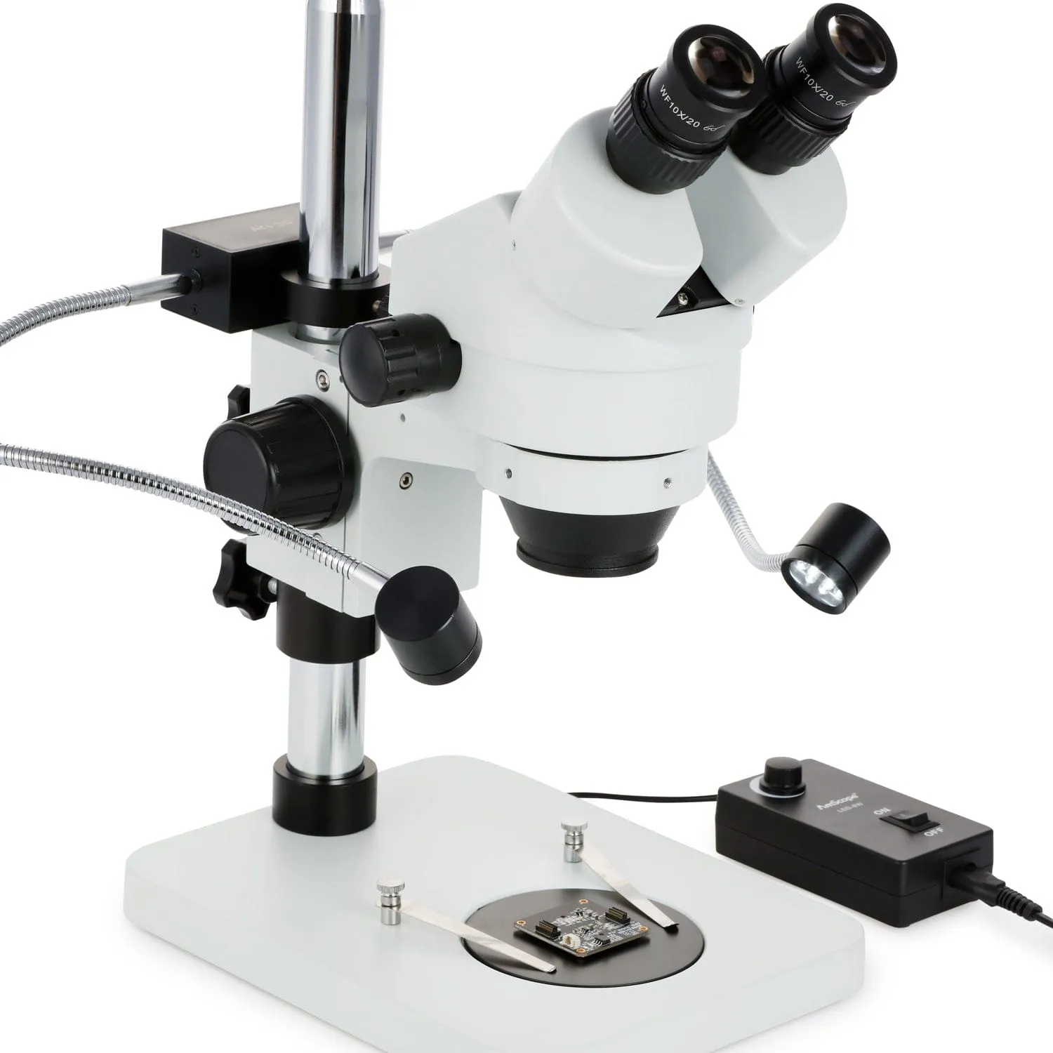 AmScope SM-1B Series Binocular Inspection and Dissecting Zoom Stereo Microscope 7X-45X Magnification w/8W LED Dual Gooseneck Illuminator   Optional Digital Camera on Compact Pillar Stand