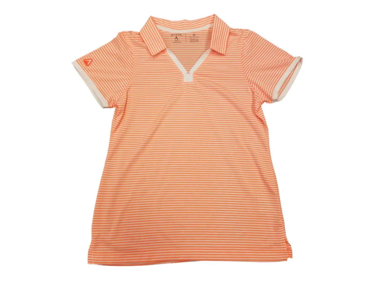 Antigua Desert Dry PRF 72 WOMENS Neon Coral White Stripe Golf Polo T-Shirt (M)