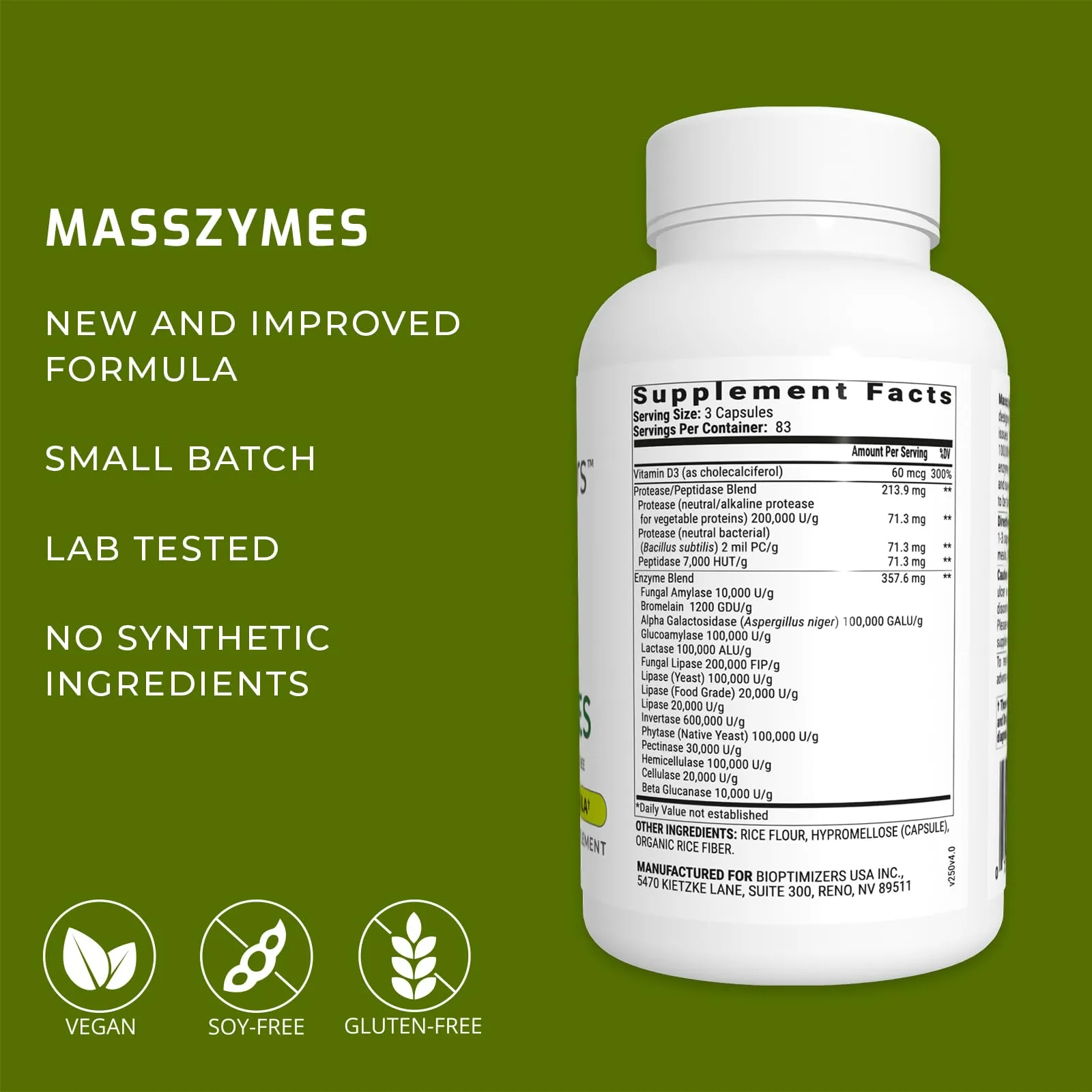 BiOptimizers MassZymes Complete Digestive Enzymes 250 Veg Capsules