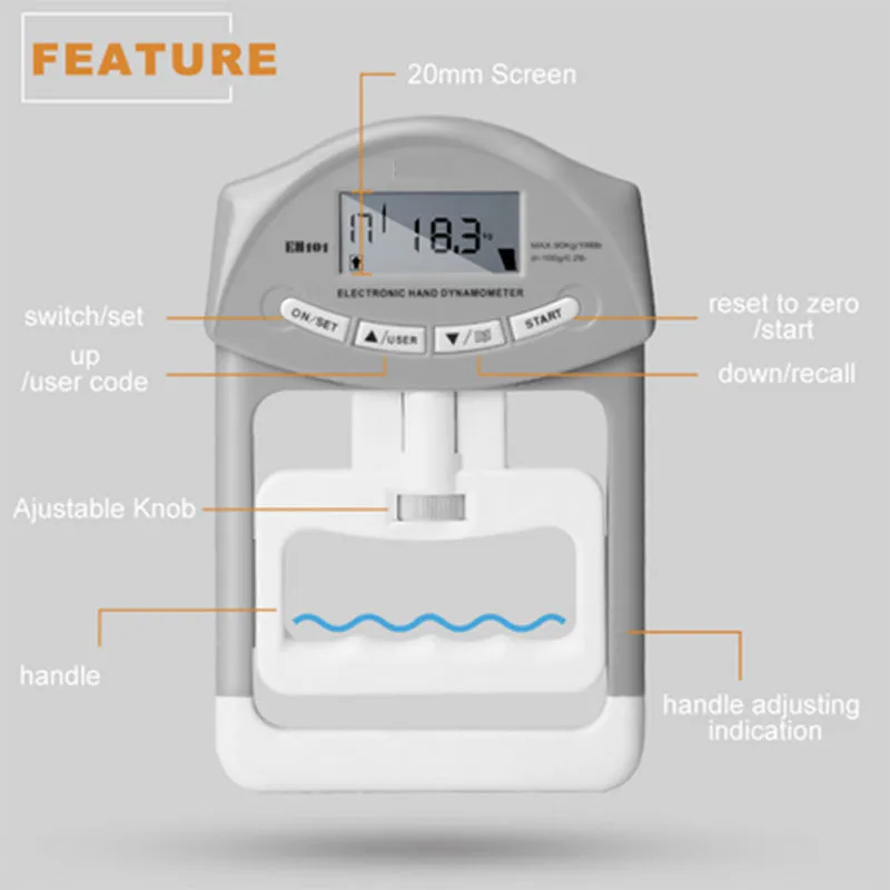 Ergonomic Digital Hand Grip Strength Tester, 90kg Max Force