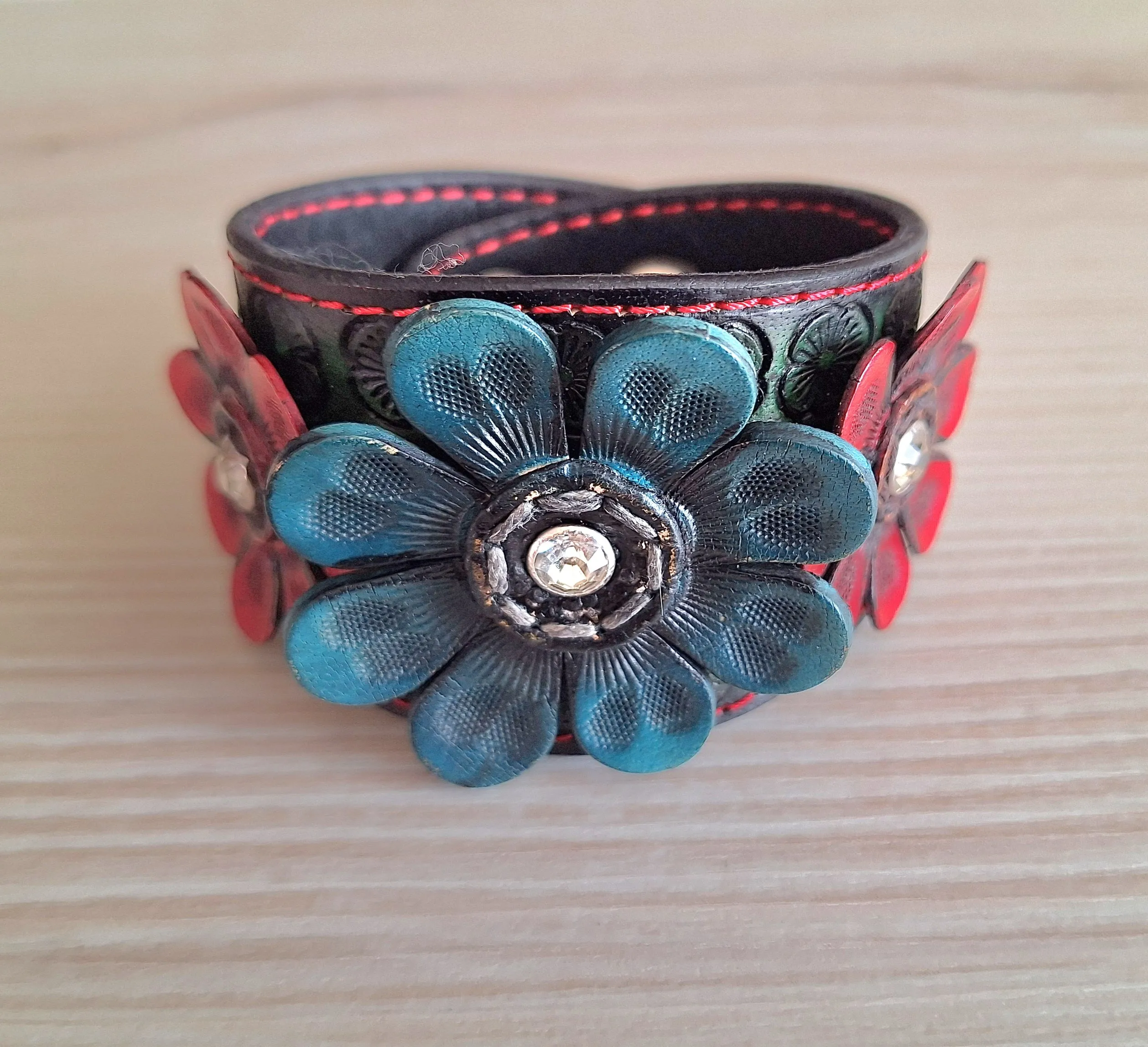 Genuine Leather Handcrafted Two Tone Daisy with CZ Cuff Bracelet