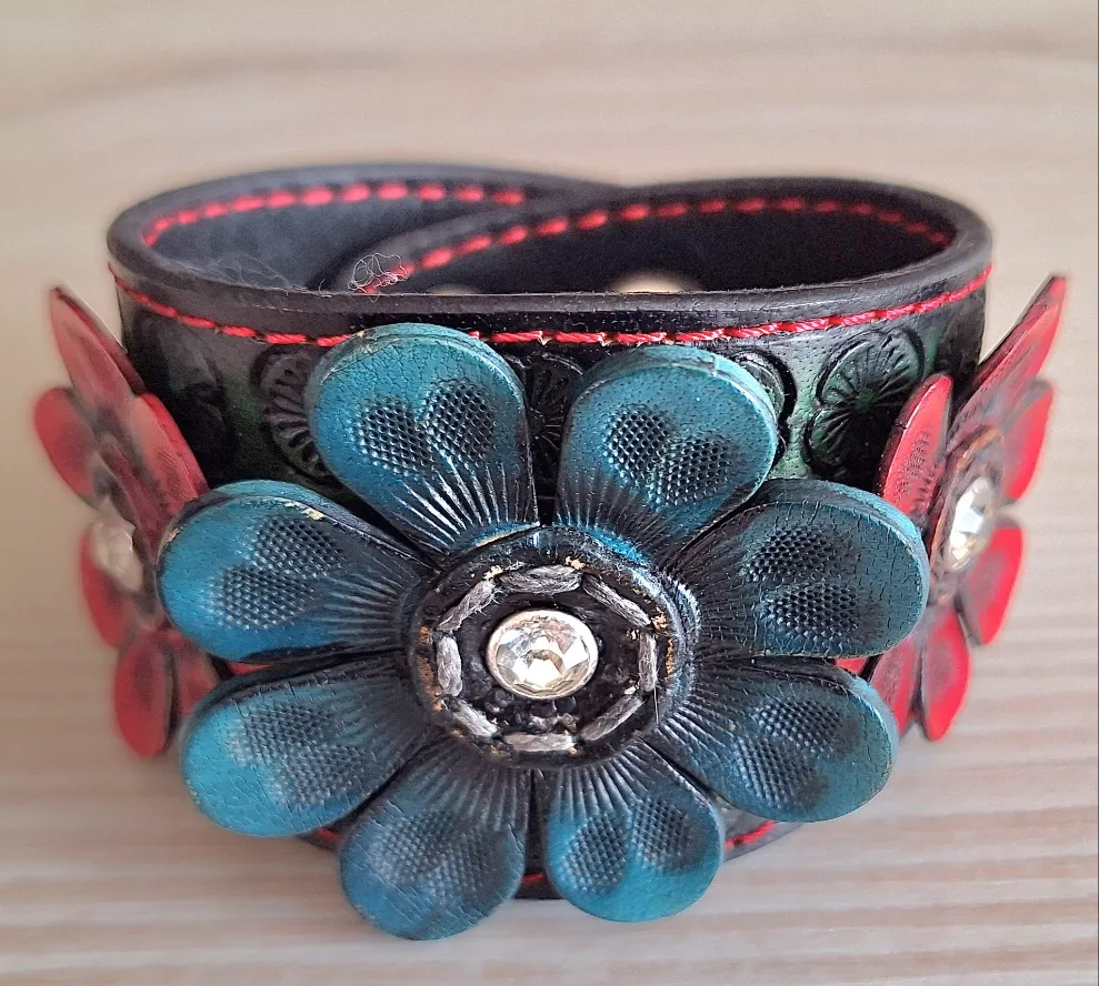 Genuine Leather Handcrafted Two Tone Daisy with CZ Cuff Bracelet