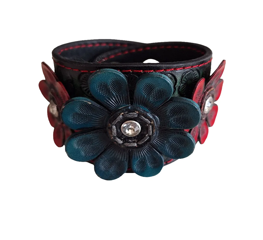 Genuine Leather Handcrafted Two Tone Daisy with CZ Cuff Bracelet