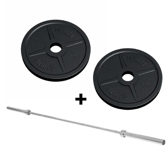 Olympic Cast Iron Weight Plate set 20KG Combo   Olympic Barbell Bar 218cm