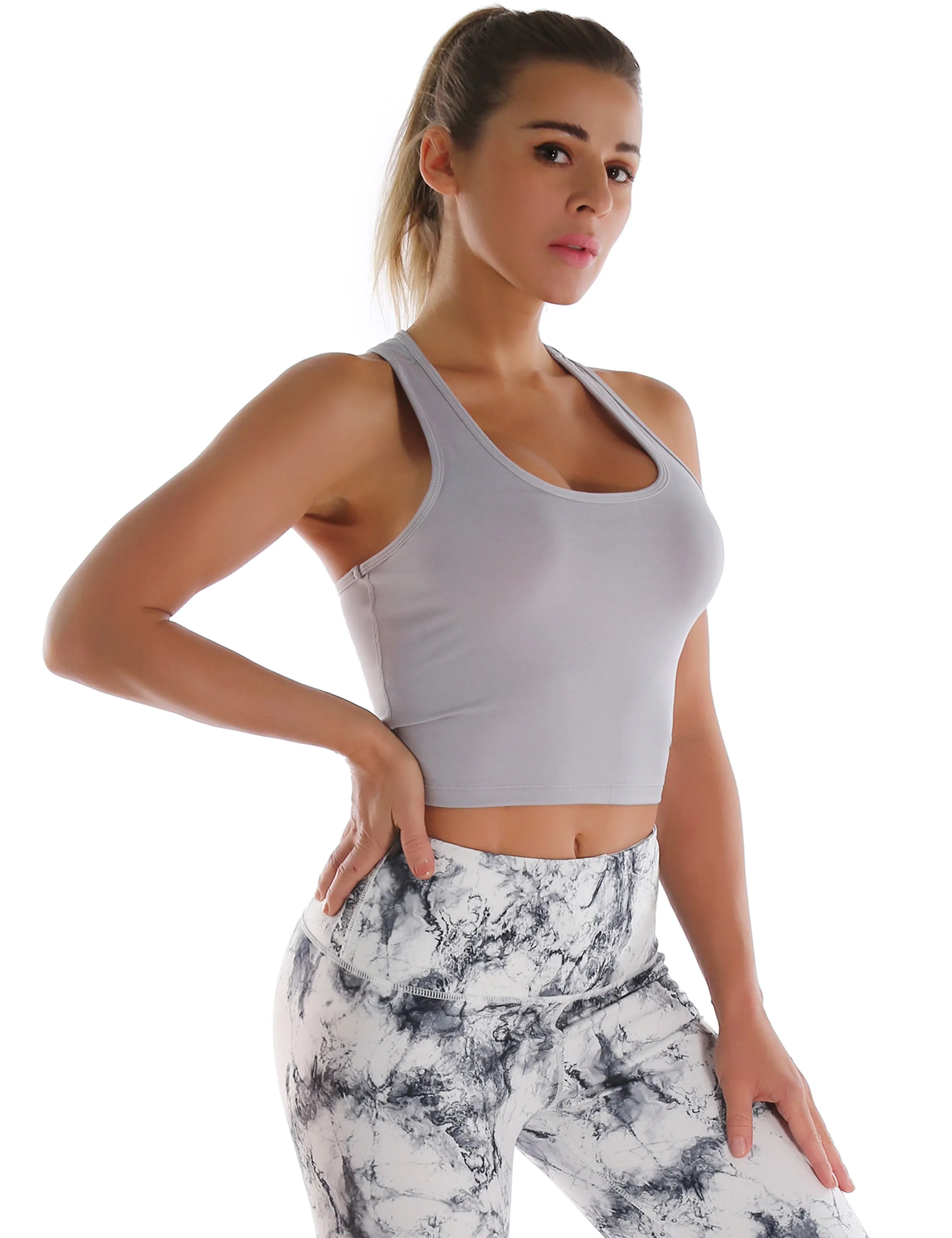 Racerback Athletic Crop Tank Tops heathergray_yoga