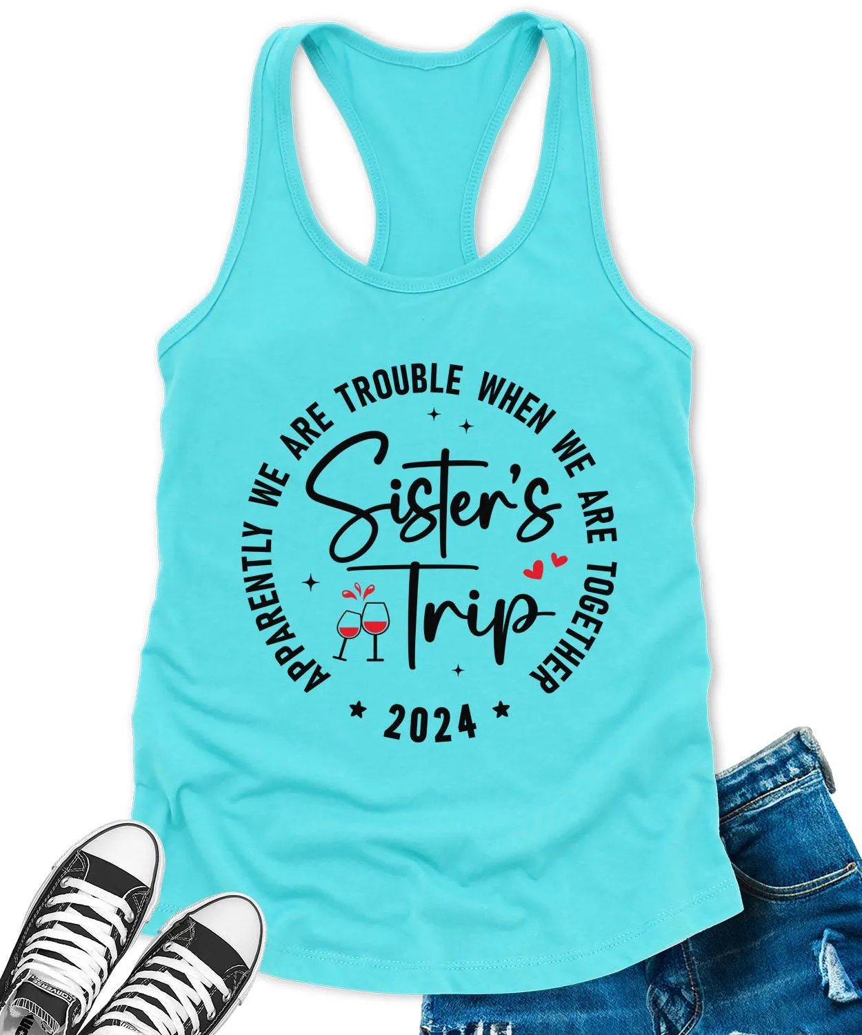 Sisters Trip 2024 Racerback Tank Top for Women Apparently We are Trouble Letter Print Sleeveless Summer Tops