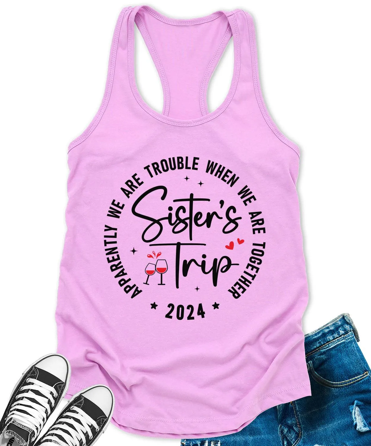 Sisters Trip 2024 Racerback Tank Top for Women Apparently We are Trouble Letter Print Sleeveless Summer Tops