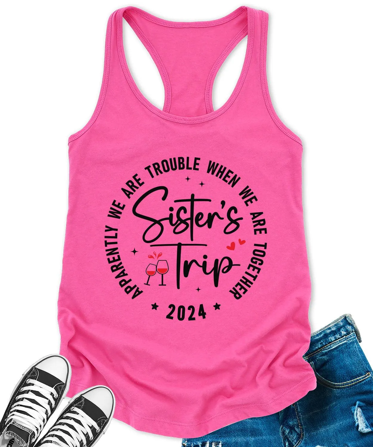 Sisters Trip 2024 Racerback Tank Top for Women Apparently We are Trouble Letter Print Sleeveless Summer Tops